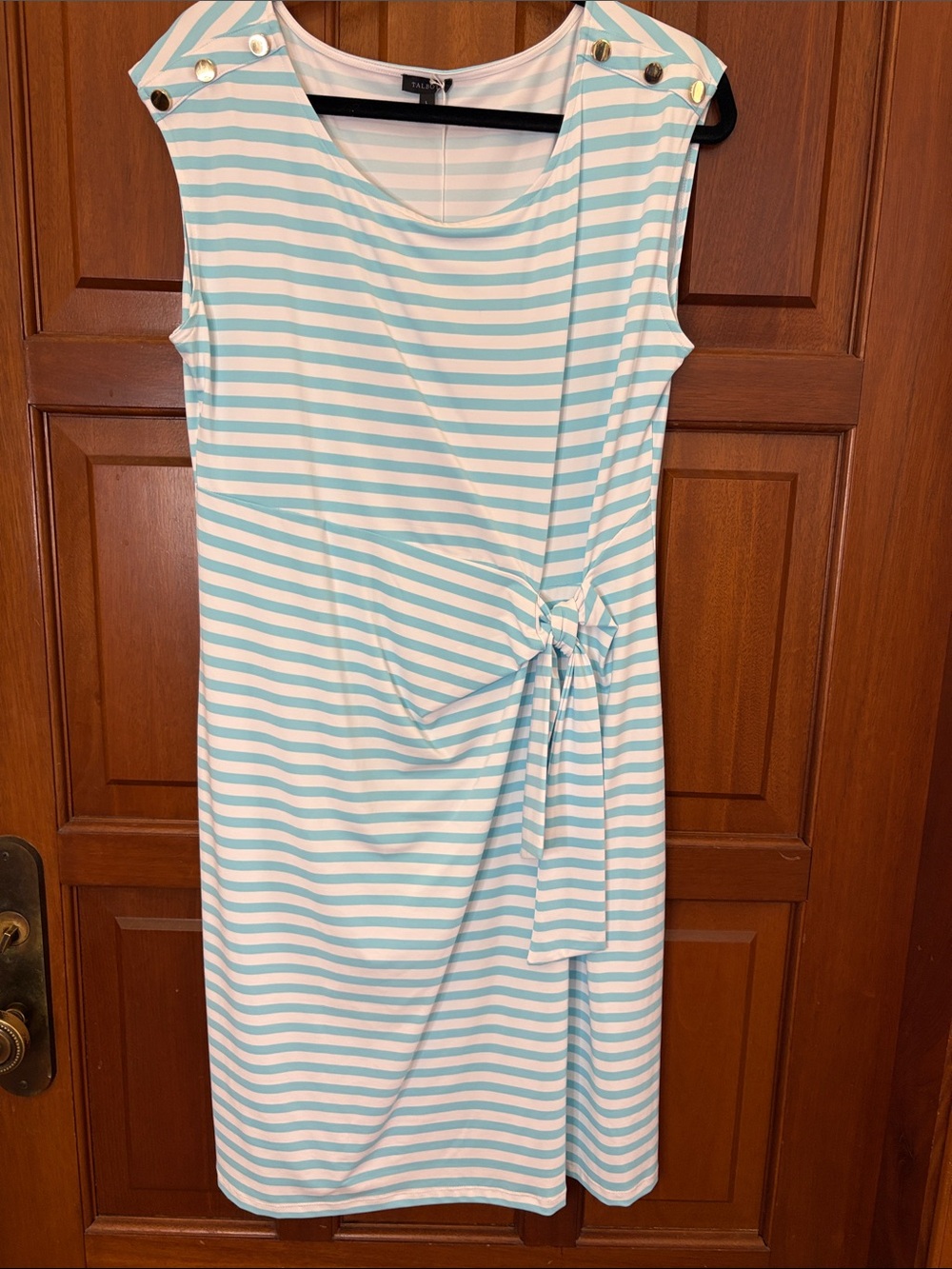 Talbots turquoise and white striped sleeveless dress with tie front detail
